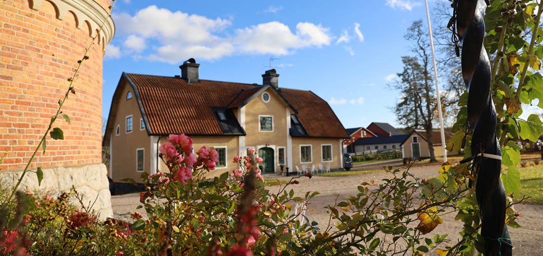 Slottets flygel med blommor i förgrunden